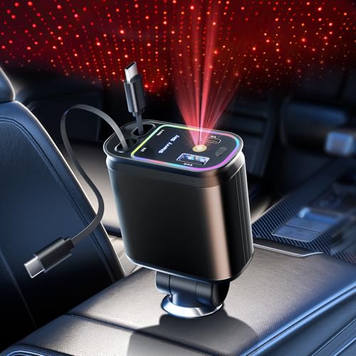 Starlight Retractable Car Charger with Dual Type C Cables, 66W Starlight in Car roof 4 in 1 Retractable Car Phone Charger Adapter, Fast Charging USB C Cable, Compatible with iPhone 17/16/15/14 - color: Black, size: Dual Type C