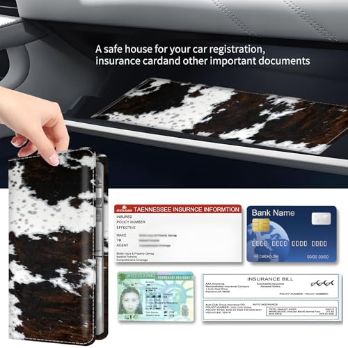 Premium Car Registration and Insurance Card Holder, Cute PU Leather Car Document Holder, Vehicle Glove Box Car Organizer with Magnetic Closure for Driver License, Cards Brown White Cowhide - color: Brown White Cowhide