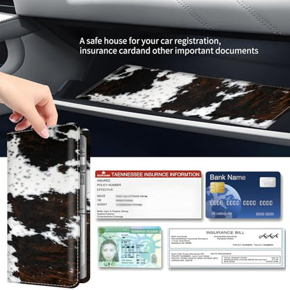 Premium Car Registration and Insurance Card Holder, Cute PU Leather Car Document Holder, Vehicle Glove Box Car Organizer with Magnetic Closure for Driver License, Cards Brown White Cowhide - color: Brown White Cowhide