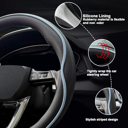 Leather Steering Wheel Cover， with Anti-Slip Stripe Design - Enhanced Grip, Fashion Style, Safe, Non-Slip, Breathable. Upgrade car Interior，Black Blue - color: Black Blue