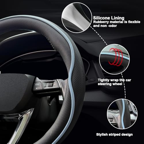 HAOTULE Leather Steering Wheel Cover， with Anti-Slip Stripe Design - Enhanced Grip, Fashion Style, Safe, Non-Slip, Breathable. Upgrade car Interior，Black Blue - color: Black Blue