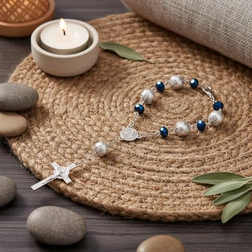 One Decade Car Rosary Navy Blue Glass Prayer Beads with St. Benedict Medal & Crucifix Spiritual Protection Rearview Mirror Accessory Catholic Gift for Travelers - color: Navy Blue