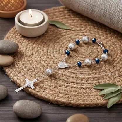 One Decade Car Rosary Navy Blue Glass Prayer Beads with St. Benedict Medal & Crucifix Spiritual Protection Rearview Mirror Accessory Catholic Gift for Travelers - color: Navy Blue