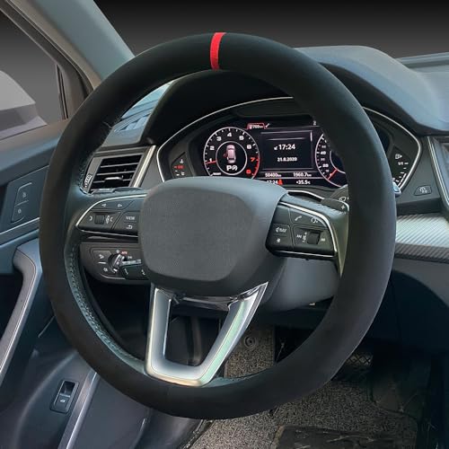 Carodi Suede Steering Wheel Cover ， Non-Slip Leather Car Interior Fitting 15-inch Universal - color: Black(red lable)