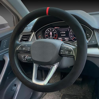 Carodi Suede Steering Wheel Cover ， Non-Slip Leather Car Interior Fitting 15-inch Universal - color: Black(red lable)