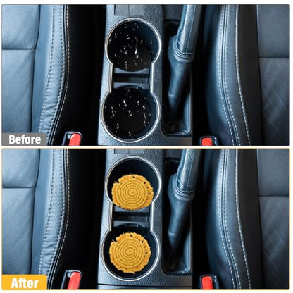 2pcs Cotton Coaster for Car, Car Cup Holder Coasters, Absorbent 3.54 in Boho Cars Cupholder Coaster with Tassel Edges Perfect for Cars,RVs & Home Decor（Sunshine Yellow）