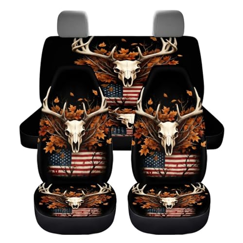 American Flag Deer Skull Car Seat Covers Set for Front and Rear Camo Deer Skull Auto Interior Seat Protector Universal Car Accessories Set of 4 Pcs Breathable Vehicle Bucket Seat Cover - color: American Flag Deer Skull