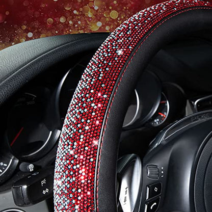 CAR PASS Bling Diamond Leather Steering Wheel Cover, Bling Sparkly Crystal Glitter Rhinestones Universal Fit 14" 1/2-15" Car Wheel Protector for Women Girl Fit Suvs,Vans,Sedans,Trucks, Red Silver - color: Red Silver Diamond