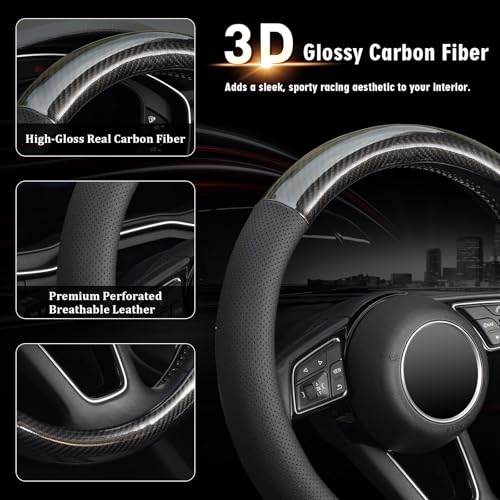KAFEEK Classic Carbon Fiber Steering Wheel Cover, Universal 15 inch, Breathable Microfiber Leather Steering Wheel Protector for Men Women, Black - size: Standard size[14 1/2''-15'']