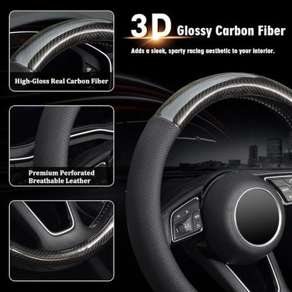 KAFEEK Classic Carbon Fiber Steering Wheel Cover, Universal 15 inch, Breathable Microfiber Leather Steering Wheel Protector for Men Women, Black - size: Standard size[14 1/2''-15'']