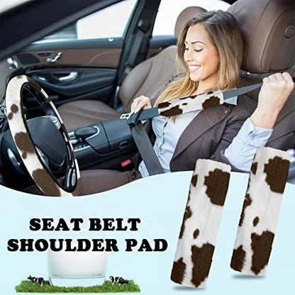 JINGSEN11 Pieces Fluffy Car Accessories Set,Fluffy Cow Print Plush Steering Wheel Covers for Women Soft Fleece Handbrake Cover Shift Cover Car Trim Warm Non-Slip(Brown) - size: brown