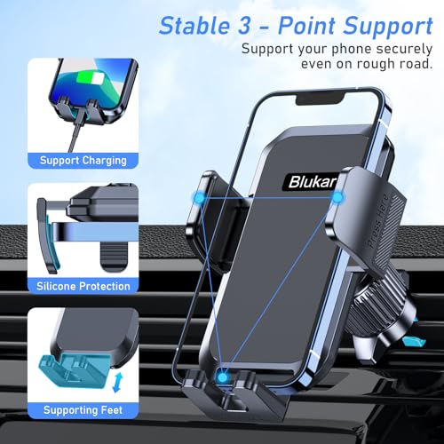 Blukar Car Phone Holder Mount, Super Stable Air Vent Cell Phone Car Mount with 2025 Metal Hook Clip, 360° Rotation,One Button Release for iPhone, Galaxy, Google, and All Other Smartphones