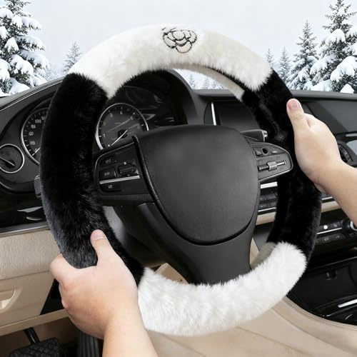 Camellia Flower Plush Steering Wheel Cover, Universal 14.5-15 Inch Winter Plush Warm Steering Wheel Cover, Soft Fluffy, Anti-Slip Design, Soft Texture (Black+White) - color: Camellia Flower