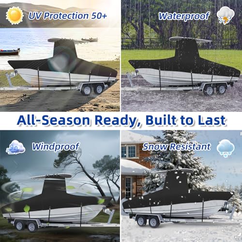 Marine Grade Waterproof Center Console Boat Cover with T Top Roof, Tear Resistant Trailerable Storage Covers, All-Weather Protection T-Top Boat Cover 26-28 ft, Beam Width Up to 116", Black - color: Black, size: 26'-28'Long (Beam width up to 116'')