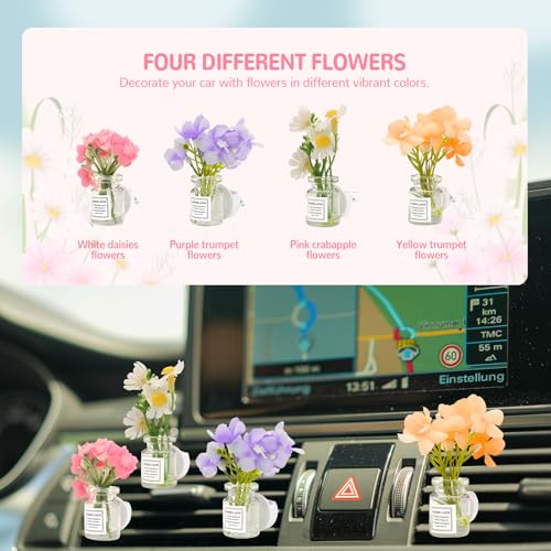 4 Pack Flowers Car Vent Clips, Cute Daisy Plants Vase Air Conditioning Outlet Clip with Fragrance Pads, Charm Scent Perfume Automotive Interior Decorations for Women