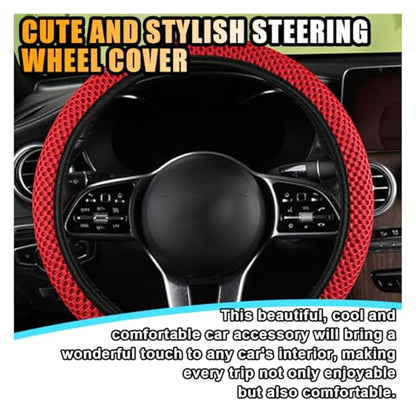Stretch Elastic Steering Wheel Cover, All-Season Comfort, Warm in Winter & Cool in Summer, Universal 15 Inch Microfiber Breathable Ice Silk, Anti-Slip, Odorless, Easy Carry, Fit Car, SUV (Red)