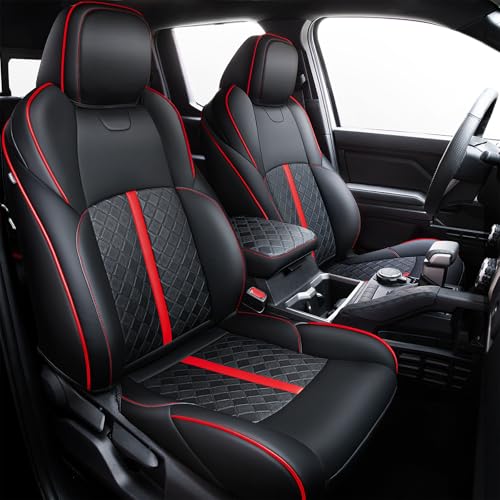 Carlimeki Leather Seat Covers Custom Fit for Tacoma Gen 4th (2024-2026) Double Cab, for SR, SR5, TRD PreRunner, TRD Sport, TRD Off-Road, Limited, Trailhunter - Armrest Covers Included - Fully Covered - color: 2024-2026 ( Black-Red ) & Full Set, size: 4th