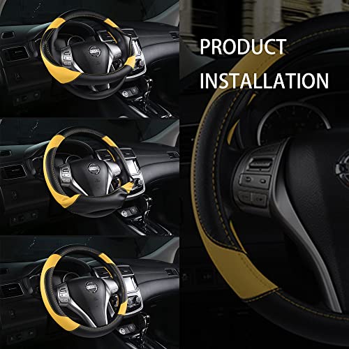 Leather Car Steering Wheel Cover, Non-Slip Car Wheel Cover Protector Breathable Microfiber Leather Universal Fit for Most Cars (Black&Yellow) - color: Yellow