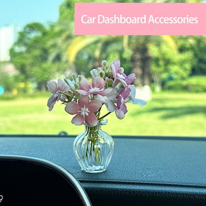 Artificial Cherry Blossoms with Mini Glass Vase for Car Dashboard Office Desk Decor,Pink White Flower Bouquets,Cute Car and Office Decoration Aesthetics