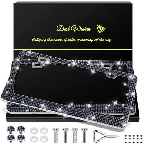 QUANQIUFEI 2 Pack Bling License Plate Frames for Women, Sparkly Rhinestone Diamond Car Accessories with Glitter Crystal Caps (Navy Blue) - color: Navy Blue
