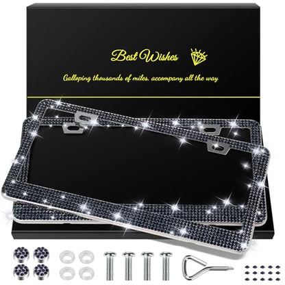 QUANQIUFEI 2 Pack Bling License Plate Frames for Women, Sparkly Rhinestone Diamond Car Accessories with Glitter Crystal Caps (Navy Blue) - color: Navy Blue