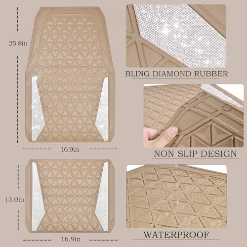 CAR PASS Bling Diamond Car Mats Rubber Floor Mats Full Set Anti-Slip 3D Rhombus Waterproof Trim to Fit Liner Universal Glitter Crystal Sparkly Shining Rhinestone Girl Women SUV Sedan Van, Beige Rubber - color: Beige Rubber