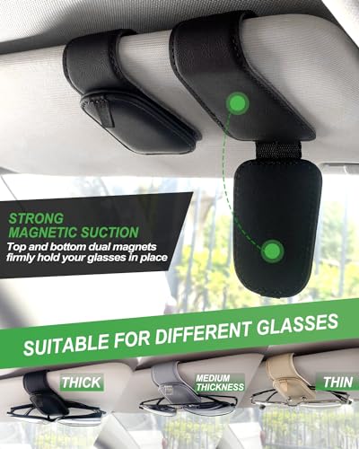 Sunglass Holder for Car, 2 Pack Car Sunglass Holder Visor Clip Magnetic Leather Sun Glasses Eyeglass Hanger, Black, Fit for Different Size Eyeglasses
