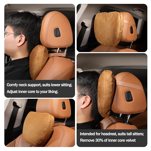 Genuine Leather Car Neck Pillow for headrest,Support Drive Seats Head Cushion,Real Cow Leather,11.8x7.5”,Plant-Based Polyester,Thickness & Height Adjustable,Inner Liner fillable(Black,1p)
