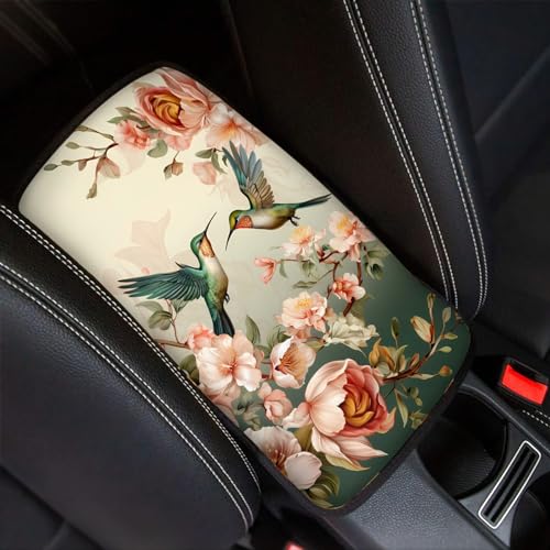 UNICEU Spring Flower Hummingbird Car Center Console Armrest Cushion Cover Universal Fit Non Slip Armrest Box Cushion Pad Armrest Cover - color: Spring Flower Hummingbird