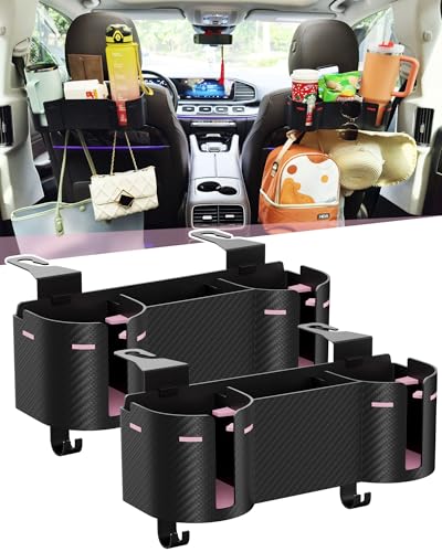 Car Headrest Backseat Cup Holder 3.7" with Organizer, High Capacity 4 in 1 Seat Back Organizer with Headrest Hooks, Multifunctional Storage for Car Travel Accessories Compatible with Most Vehicles - color: PINK+BLACK, size: 2 Pack