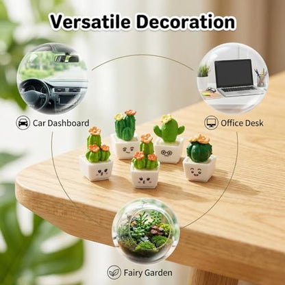 4 Pcs Mini Resin Cactus Figurines, Cute Car Dashboard Decor & Funny Rearview Mirror Ornaments, Fairy Garden Landscape Decor, Unique Gift for Succulent Lovers (Green Emotion Plants)