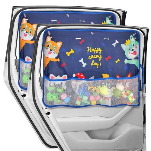 2 Pack Car Window Shade for Baby, Blackout Car Sun Shades with Storage Pockets, 7 Suction Cups, Blue, Cute Patterns for Sun/Heat/UV Rays Protection, Standard Passenger Cars - color: Blue-Cute Dogs 2PC