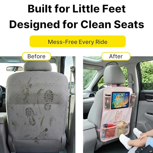 Backseat Car Organizer for Kids, Car Seat Organizer with 11” Touch Screen Tablet Holder, Rear Seat Storage Bag with Drink Pockets, Anti-Kick Seat Back Protector for Travel (Pink Rabbit)