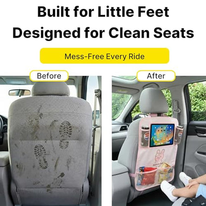 Backseat Car Organizer for Kids, Car Seat Organizer with 11” Touch Screen Tablet Holder, Rear Seat Storage Bag with Drink Pockets, Anti-Kick Seat Back Protector for Travel (Pink Rabbit)