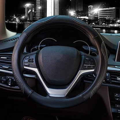 Valleycomfy Leather Steering Wheel Covers Universal 15.75 inch -Breathable, Anti Slip & Odor Free (Black with White Lines,L(15" 1/2-16")) - color: White, size: L(15"1/2-16")