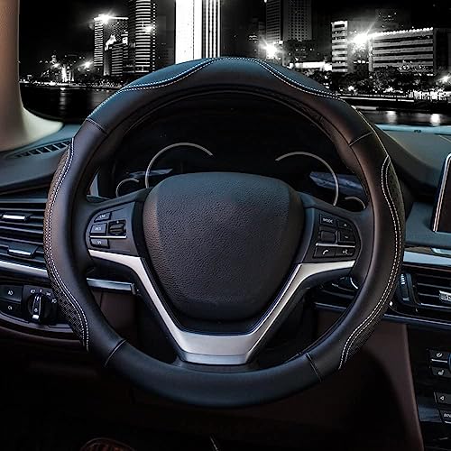 Valleycomfy Leather Steering Wheel Covers Universal 15 inch -Breathable, Anti Slip & Odor Free (Black with White Lines,M(14" 1/2-15" 1/4)) - color: White, size: M(14"1/2-15"1/4)