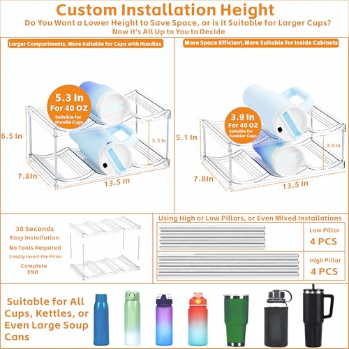 Yieach Stackable Water Bottle Organizer for Stanley,Yeti 40 oz and Others Tumbler Organizer,2 Tier Waterbottle Storage Rack,Clear Acrylic Cup Organizers for Kitchen Cabinets,Countertop,Pantry Shelf - size: 2 Tier Hold 6 Bottle