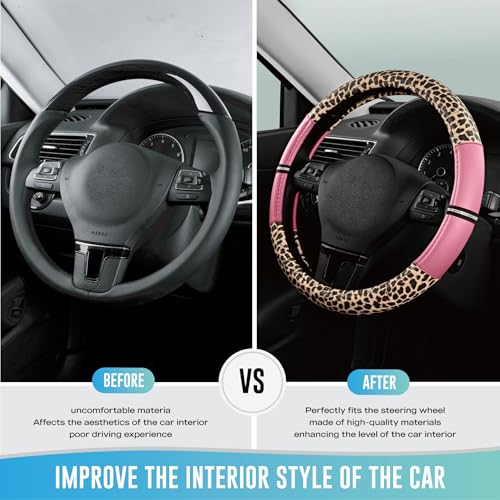 Road Comforts Leopard Steering Wheel Cover for Women, Cute Anti-Slip Microfiber Leather, Universal Fit 14.5-15 Inch Round Steering Wheel - Pink - color: Round Pink