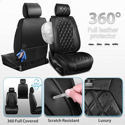 CAR PASS Luxury Nappa Leather Car Seat Covers Front Seats Only, Waterproof Faux Leather Front Seat Covers, Universal Automotive Seat Cushion Fit for Sedan SUV Truck Van, Airbag Compatible Rhomb Black - color: All Black