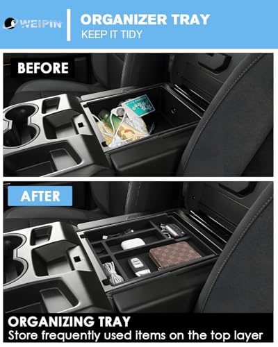 for Center Console Tray Compatible with 2019-2026 Chevy Silverado 1500& 2020-2026 Silverado 2500HD 3500HD (Split-Bench Folding Seat) Armrest Storage Box Console Organizer ABS Materials - color: (19-26)Split Bench Folding Seat-1Pcs-Black