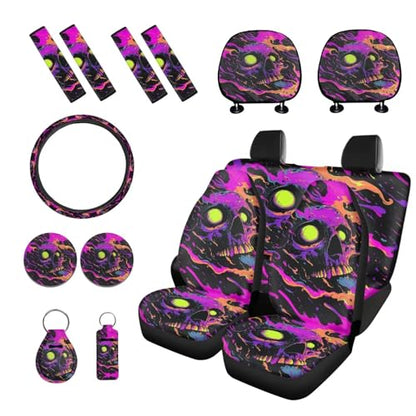 Skull Graffiti Splash Print Violet Black 15 Pcs Car Seat Cover Full Set, Universal Car Accessory Set Seat Covers Steering Wheel Cover Seat Belt Covers Car Headrest Cover Car Coaster - color: Skull Graffiti Splash Print Violet Black