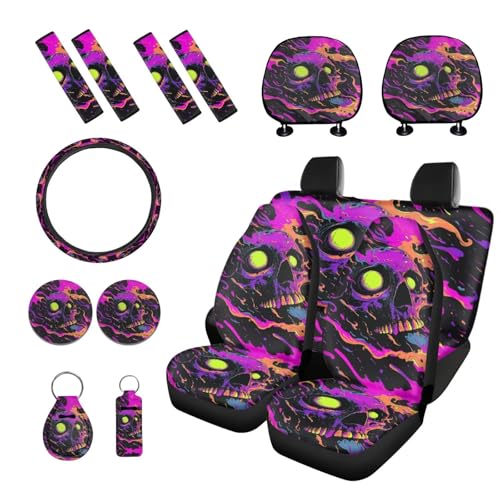 Skull Graffiti Splash Print Violet Black 15 Pcs Car Seat Cover Full Set, Universal Car Accessory Set Seat Covers Steering Wheel Cover Seat Belt Covers Car Headrest Cover Car Coaster - color: Skull Graffiti Splash Print Violet Black