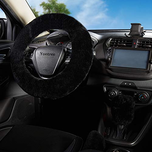 Yontree Fashion Fluffy Steering Wheel Covers for Women/Girls/Ladies Australia Pure Wool 15 Inch 1 Set 3 Pcs (Black) - color: Black, size: Shearing Wool