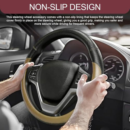 Car Steering Wheel Cover, Durable Leather Cover with Anti-Slip Lining, Microfiber PU Leather Elastic Steering Wheel Protector, Comfortable Non-Slip Steering Wheel Covers for Autos (Beige) - color: Beige