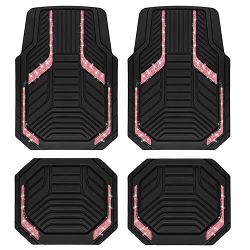 PIC AUTO Car Floor Mats, Hot Pink Sparkly Crystal Bling Glitter Car Mats Set, Front and Rear Heavy Duty Rubber Car Mats with Anti-Slip Backing, All Weather, Trim-to-Fit for SUVs, Trucks, Sedan, Vans - color: Hot Pink Glitter