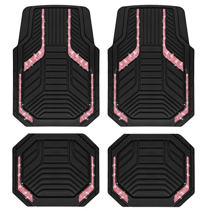 PIC AUTO Car Floor Mats, Hot Pink Sparkly Crystal Bling Glitter Car Mats Set, Front and Rear Heavy Duty Rubber Car Mats with Anti-Slip Backing, All Weather, Trim-to-Fit for SUVs, Trucks, Sedan, Vans - color: Hot Pink Glitter