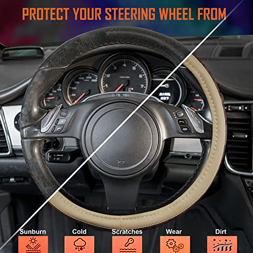 CAR PASS Wood Grain 14.5-15 inch Microfiber Leather Steering Wheel Cover, Anti-Slip Veins Design Steering Wheel Universal Fit for Most Cars, Sedans, SUV， Beige - color: beige