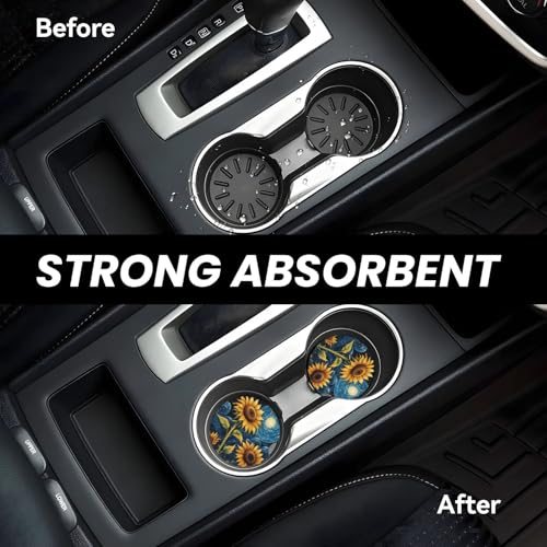 Sunflower Starry Sky Oil Painting Absorbent Ceramic Car Coasters for Cup Holders, 2.56" Anti Slip Insert Cup Coasters for Women Men (2 PCS) - color: Sunflower Starry Sky Oil Painting
