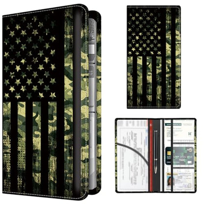 Premium Car Registration and Insurance Card Holder, Cute PU Leather Car Document Holder, Vehicle Glove Box Car Organizer with Magnetic Closure for Driver License, Cards Camouflage Flag - color: Camouflage American Flag