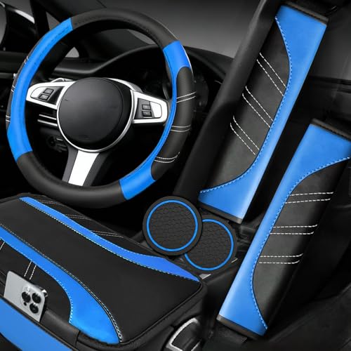 NBTEPEM 6 Pcs Blue Car Accessories Set, Sport Leather Steering Wheel Cover 14.5-15inch Universal, Microfiber Leather Car Center Console Cover, Seat Belt Cushion, Cup Holder Coaster (Black-Blue) - color: Blue, size: Steering Wheel Cover Set
